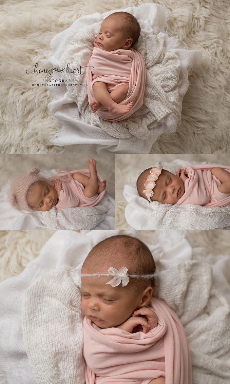 Collage of ewborn baby girl wearing a pink knitted bear bonnet during Calgary newborn photography session in Calgary AB Newborn Photographer