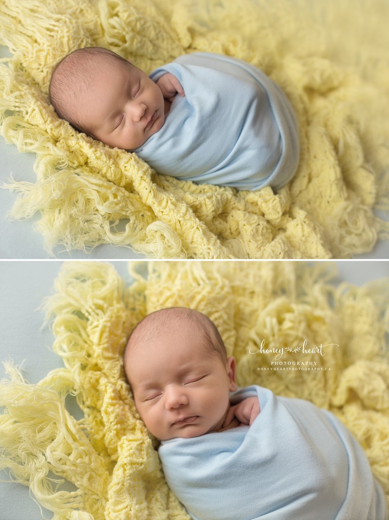 Baby boy wrapped in light baby blue posed with family heirloom knitted crocheted yellow baby blanket sentimental special newborn baby prop brought in by parents - Calgary Newborn Baby Photographer